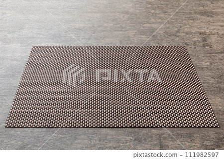 Perspective view of grey tablecloth for food on cement background. Empty space for your design 111982597