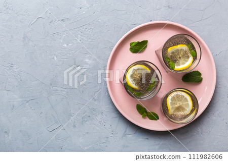 Healthy breakfast or morning with chia seeds lemon and mint on table background, vegetarian food, diet and health concept. Chia pudding with lemon and mint Healthy breakfast or morning with chia seeds lemon and mint on table background, vegetarian food, diet and health concept. Chia pudding with lemon and mint 111982606