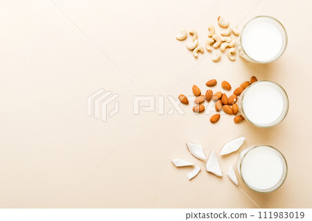 Set or collection of various vegan milk almond, coconut, cashew, on table background. Vegan plant based milk and ingredients, top view Set or collection of various vegan milk almond, coconut, cashew, on table background. Vegan plant based milk and ingredients, top view 111983019