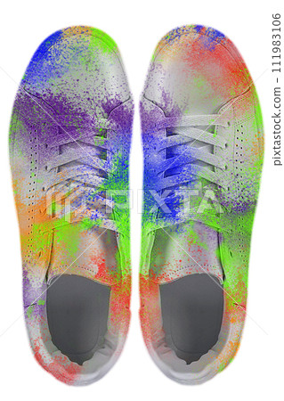 Sneakers covered in paint splashes. Colorful sneakers on a white background. Creative shoes. Sneakers covered in paint splashes. Colorful sneakers on a white background. Creative shoes. 111983106