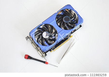 blue graphics card placed on a white background 111983259