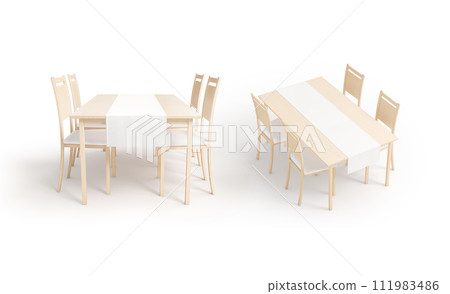 Blank wood table with white runner mockup, front side view 111983486
