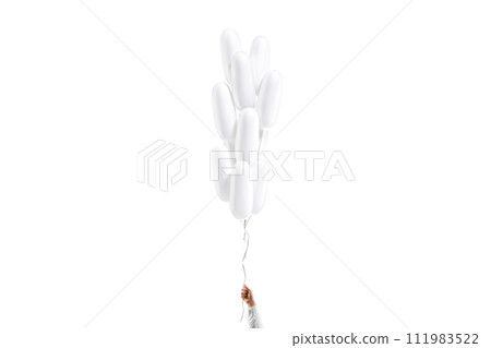 Hand holding blank white cylindrical balloon stack mockup, isolated Hand holding blank white cylindrical balloon stack mockup, isolated 111983522