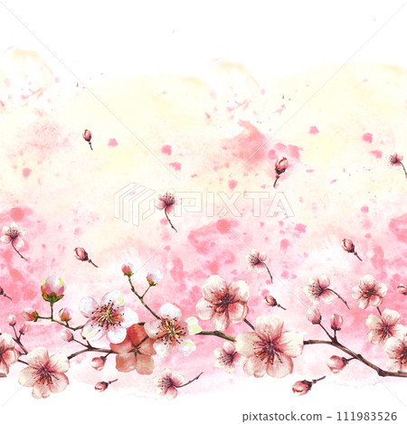 Blossoming branch from spring sakura seamless border, banner illustration Hand drawn blossoms fruit tree cherry or apple buds flowers on watercolor splashes Springtime background Isolated illustration Blossoming branch from spring sakura seamless border, banner illustration Hand drawn blossoms fruit tree cherry or apple buds flowers on watercolor splashes Springtime background Isolated illustration 111983526