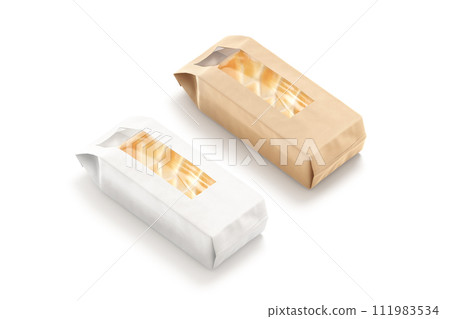 Blank white and craft paper pack with window bread mockup Blank white and craft paper pack with window bread mockup 111983534