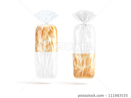 Blank bread in white transparent cellophane pack mockup, no gravity Blank bread in white transparent cellophane pack mockup, no gravity 111983535