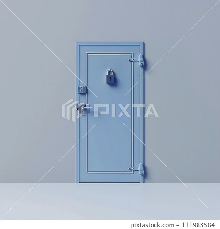 several locks in a blue door, generative AI 111983584