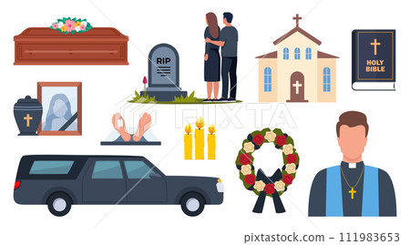 Funeral icons. Funeral accessories. Funeral wreath, coffin, tombstone, urn with ashes, death, priest, corpse, hearse, flowers, will. Ritual services, funeral agency concept. Vector illustration. 111983653