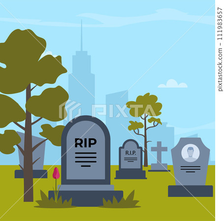 Cemetery day landscape, tombstone with RIP inscription. Gravestones with cross, obelisk, ossuary or crypt in sunlight and green grass lawn, eternal peace. Vector illustration. 111983657