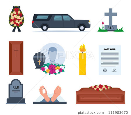 Funeral icons. Funeral accessories. Funeral wreath, coffin, tombstone, urn with ashes, death, priest, corpse, hearse, flowers, will. Ritual services, funeral agency concept. Vector illustration. Funeral icons. Funeral accessories. Funeral wreath, coffin, tombstone, urn with ashes, death, priest, corpse, hearse, flowers, will. Ritual services, funeral agency concept. Vector illustration. 111983670