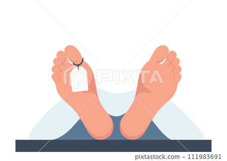 Corpse in the morgue. Dead man in the morgue. Legs of a dead man with a white tag. The human body is covered with a white sheet. Vector illustration. Corpse in the morgue. Dead man in the morgue. Legs of a dead man with a white tag. The human body is covered with a white sheet. Vector illustration. 111983691