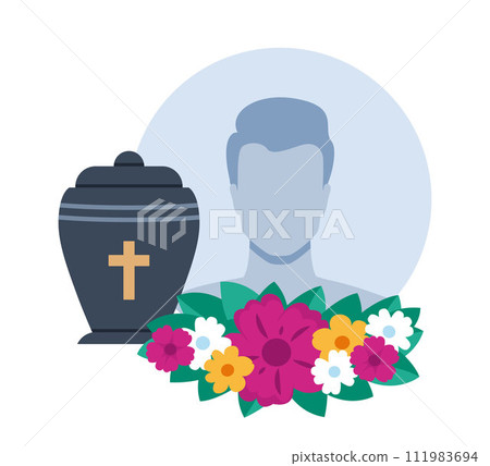 Urn with ashes. Dead man portrait and flowers. Dead young guy photo. Funeral ceremony. Ritual service. Vector illustration. Urn with ashes. Dead man portrait and flowers. Dead young guy photo. Funeral ceremony. Ritual service. Vector illustration. 111983694