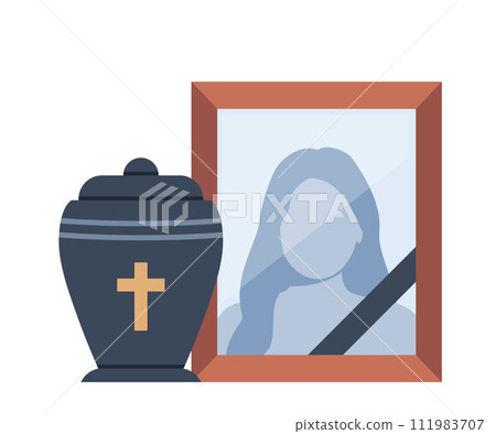 Urn with ashes. Dead woman portrait. Dead young girl photo. Funeral ceremony. Ritual service. Vector illustration. Urn with ashes. Dead woman portrait. Dead young girl photo. Funeral ceremony. Ritual service. Vector illustration. 111983707