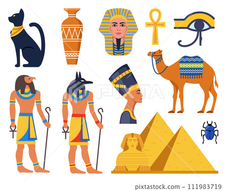 Ancient Egypt collection. Gods, deities and mythological creatures from Egyptian mythology and religion, sacred animals, symbols, architecture and sculpture. Vector illustration. Ancient Egypt collection. Gods, deities and mythological creatures from Egyptian mythology and religion, sacred animals, symbols, architecture and sculpture. Vector illustration. 111983719