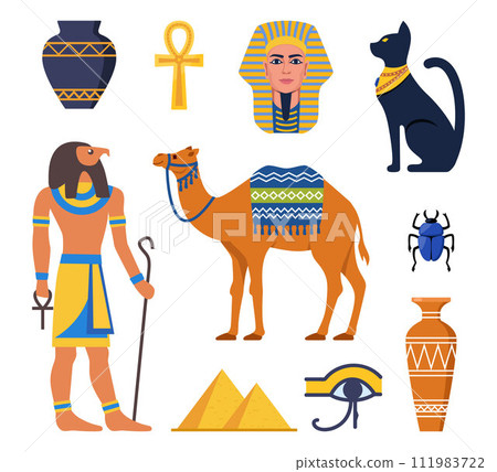 Ancient Egypt collection. Gods, deities and mythological creatures from Egyptian mythology and religion, sacred animals, symbols, architecture and sculpture. Vector illustration. 111983722