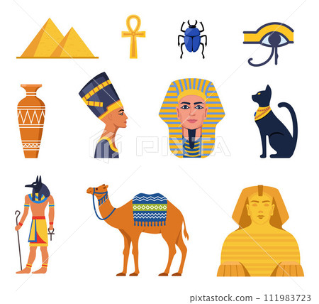 Ancient Egypt collection. Gods, deities and mythological creatures from Egyptian mythology and religion, sacred animals, symbols, architecture and sculpture. Vector illustration. 111983723