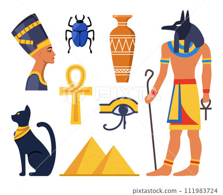 Ancient Egypt collection. Gods, deities and mythological creatures from Egyptian mythology and religion, sacred animals, symbols, architecture and sculpture. Vector illustration. Ancient Egypt collection. Gods, deities and mythological creatures from Egyptian mythology and religion, sacred animals, symbols, architecture and sculpture. Vector illustration. 111983724