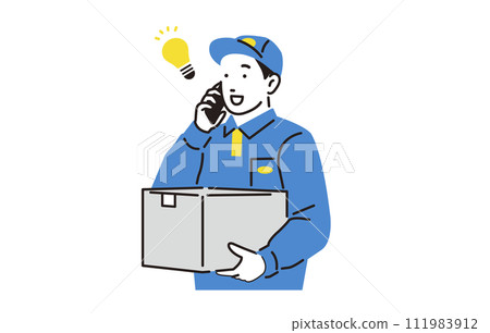 A delivery man who answers the phone while carrying packages A delivery man who answers the phone while carrying packages 111983912