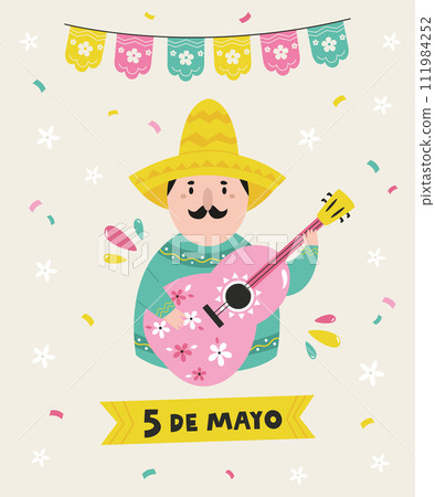 Holiday design for Cinco de Mayo with funny guitarist with moustache in sombrero. 111984252