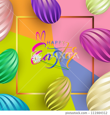 Easter rainbow design with striped eggs and square frame 111984312
