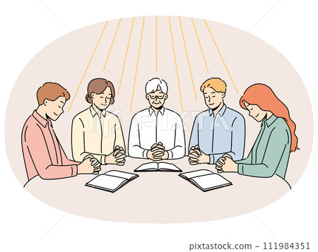 Group of diverse people praying together 111984351