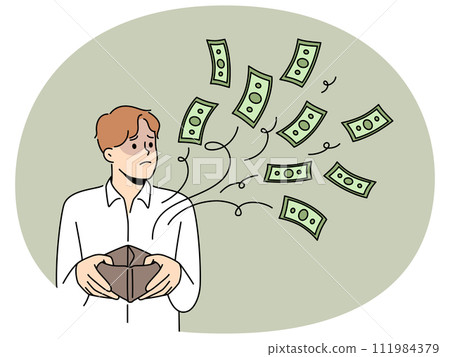 Frustrated man with money flow from wallet 111984379