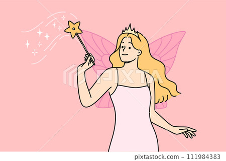 Fairy woman with wings behind back and magic wand performs magic, dressed in dress and crown Fairy woman with wings behind back and magic wand performs magic, dressed in dress and crown 111984383