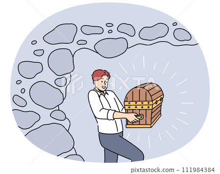 Smiling businessman with chest in hands Smiling businessman with chest in hands 111984384