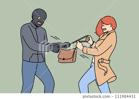 Masked robber takes bag from frightened woman who screams for help from police or passers-by Masked robber takes bag from frightened woman who screams for help from police or passers-by 111984431