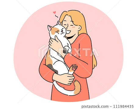 Happy woman hug cute cat Happy woman hug cute cat 111984435