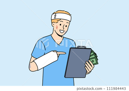 Sick man rejoices at receiving health insurance to cover hospital bills after car accident 111984443