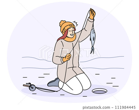 Smiling catch fish on winter river 111984445