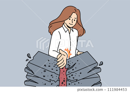 Strong business woman breaks stones with palm, demonstrating seriousness in achieving success 111984453