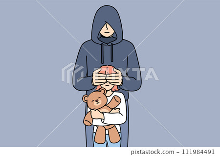 Maniac closes eyes little girl with children toy, for public service announcement against pedophilia 111984491