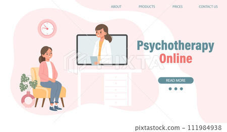 Psychotherapy online, a woman talking to a psychologist on the screen. Mental health banner or landing page template. Illustration, vector 111984938