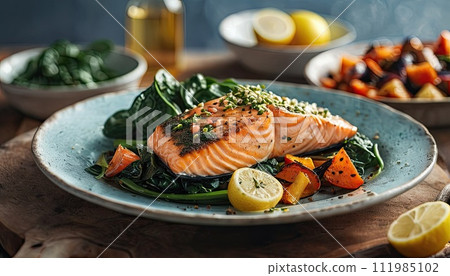 AI-generated content. Salmon steak, spinach, lemon. Grilled salmon steak with grill marks, served with fresh spinach and lemon slices, steam rising. 111985102