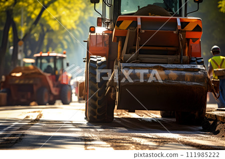 AI-generated content. Construction concept - road building machines, low angle view 111985222