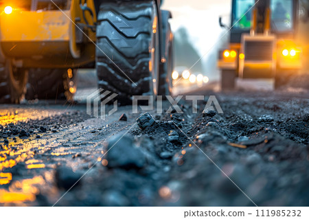AI-generated content. Construction concept - road building machines, low angle view 111985232