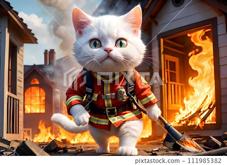 A fireman cat extinguishes a fire in a house. A fireman cat extinguishes a fire in a house. 111985382