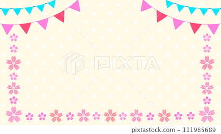Cherry blossom and garland frame polka dot background 16:9 111985689