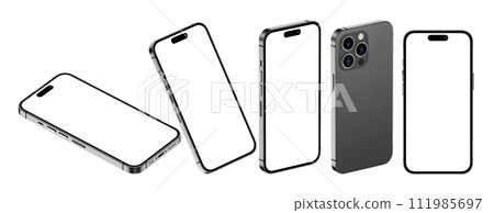 Smartphone side view. Phone view in front. Phone 14 back side. The smartphone is on a white background. Phone screen. 3d render Mockup mobile. 15 phone 111985697