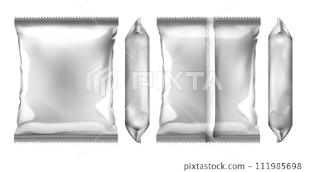 Blank plastic foil bag isolated on white background. White rectangular plastic food packaging. Glitter snack pad. Mockup template, bag for chips, spices, coffee, noodles. Side view, 111985698