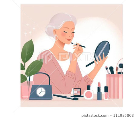 在鏡子前享受化妝的高級女性 111985808