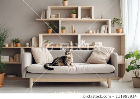 Modern living room interior Cute cat near couch Generative AI 111985934