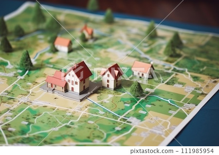 Photo of Small house model on map brochure paper Photo of Small house model on map brochure paper 111985954