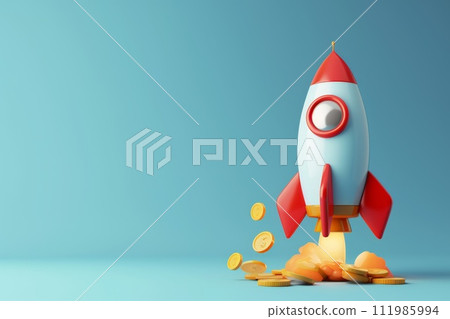 Startup, rocket, 3d flying space rocket with money coin. Spaceship launch on blue background 111985994