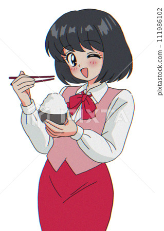 Girl at the reception desk, eating, 90s style Girl at the reception desk, eating, 90s style 111986102