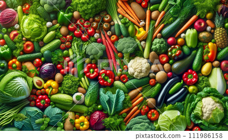 Colorful vegetables laid out all over the place 111986158