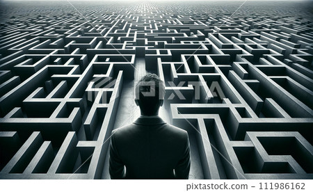 一位男性商人站在人生的十字路口,面前是一個巨大的迷宮。 一位男性商人站在人生的十字路口,面前是一個巨大的迷宮。 111986162