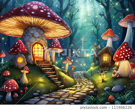 森林中的紅蘑菇屋和鵝卵石路 AI 生成圖像 森林中的紅蘑菇屋和鵝卵石路 AI 生成圖像 111986226